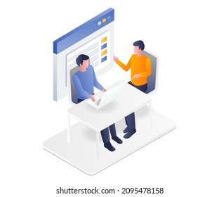 Dos hombres discuten un plan de negocios en ilustración isométrica