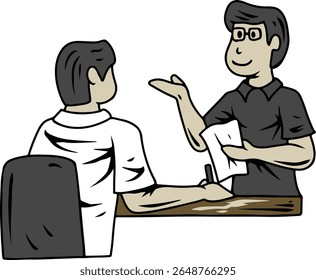 Dois homens discutindo em uma mesa