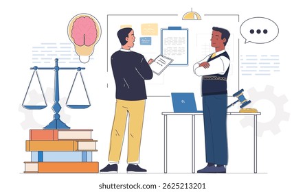 Two men discussing legal documents with justice scale, gavel, brain, books, and notes around them on white background. Concept of law and critical thinking. Vector illustration