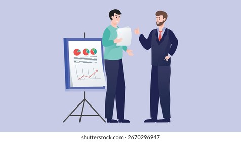 Two men discussing a presentation chart with data and graphs