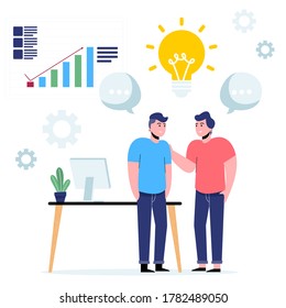 Two men discussion and communication in the office. Flat vector illustration