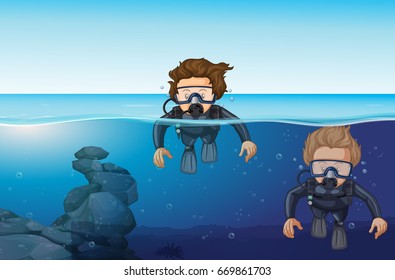 Two men diving in the ocean illustration