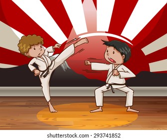 Two men doing martial arts in the room 