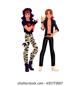 Two men dressed as glam rock stars, long hair, leather, heavy boots, cartoon vector illustration isolated on white background. Full length portrait of two young people dressed as glam rock stars