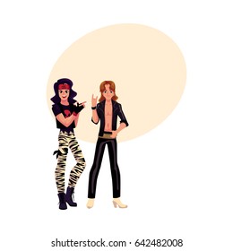 Two Men Dressed As Glam Rock Stars, Long Hair, Leather, Heavy Boots, Cartoon Vector Illustration With Space For Text. Full Length Portrait Of Two Young People Dressed As Glam Rock Stars