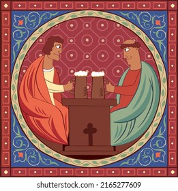 Dos hombres beben cerveza en tazas. Estilización de una miniatura de libro medieval