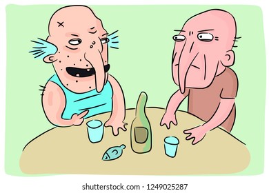 Two men drink vodka at the table. Funny caricature