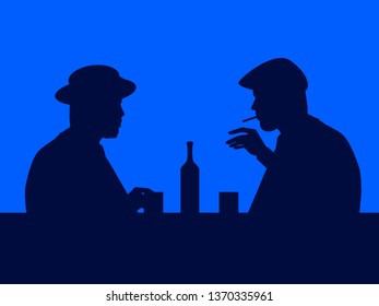 Two men drink whiskey in a bar. The contour of men in hats in retro style. Vector illustration