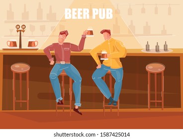 Two men drinking beer at bar counter in pub flat vector illustration