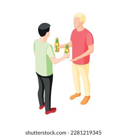 Dos hombres bebiendo cerveza de botellas en la fiesta Icono vectorial ilustración isométrica