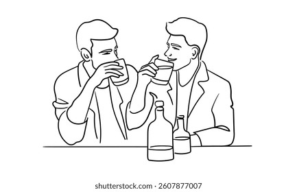 Two men drinking beer, male friendship continious line drawing. Beer party. Vector illustration	