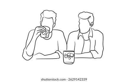 Two men drinking beer, male friendship continious line drawing. Beer party. Vector illustration	