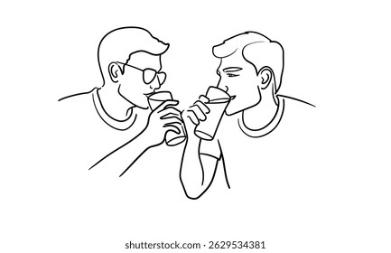 Two men drinking beer, male friendship continious line drawing. Beer party. Vector illustration	