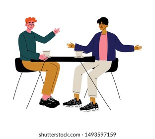 Two Men Drinking Coffee and Talking in Cafe, Male Friendship, Friends Spending Time Together Vector Illustration