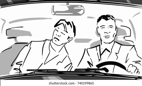 Two Men Are Driving In The Car. The Driver And The Passenger In The Car. Black And White Vector Sketch. Simple Drawing At White Background.