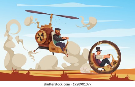 Two Men Driving Vintage Steampunk Monowheel And Flying Car With Rotor Cartoon Vector Illustration