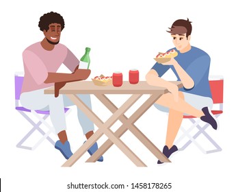 Two men eat and chat at table flat vector illustration. Guys with hot dogs and soft drinks, folding furniture. Couple of friends at city picnic isolated cartoon characters on white background
