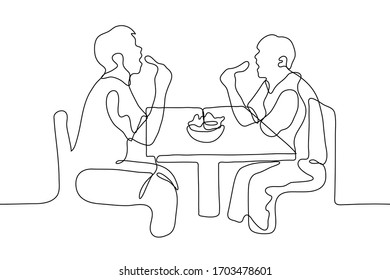 Two Men Eat Chicken Legs At The Table, Their Mouths Are Wide Open They Are Sitting Opposite Each Other Between The Guys A Full Plate Of Food. One Continuous Line Drawing. Can Be Used For Animation