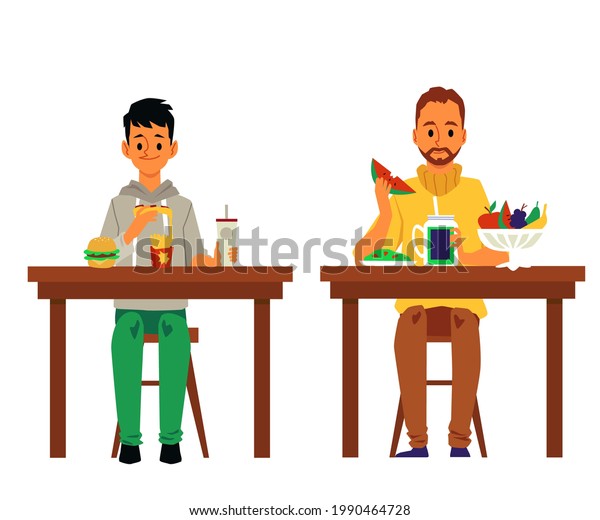 Two Men Eating Healthy Unhealthy Food Stock Vector (Royalty Free ...