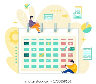 Two men effectively organizing office time at work. Concept in flat vector style of calendar, planning business meetings for future, green check marks, date planning. Office workers working overtime