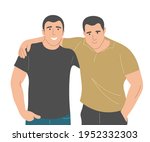 The two men embrace in a brotherly way. Portrait of friends. Flat vector illustration.