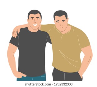 Los dos hombres se abrazan fraternalmente. Retrato de amigos. Ilustración vectorial plana.