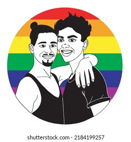 Two men embrace with a circular background in the colors of the homosexual flag. vector illustration on white background.