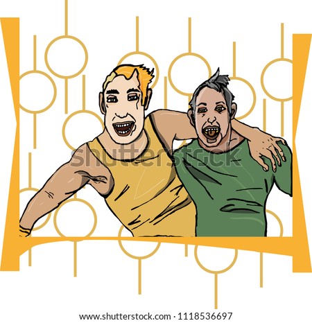 Two men in embrace in a drunken state, emotions of joy laughing laughter open mouth