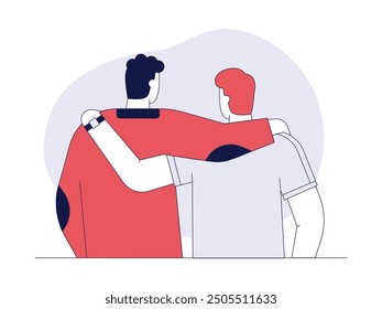 Two men embrace each other intimately, outline style, friendship vector illustration.