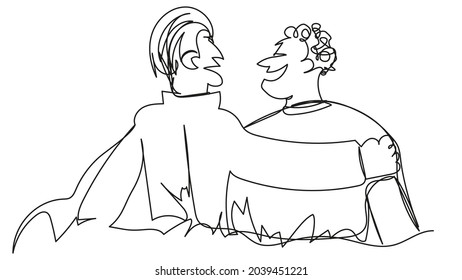 Two men in an embrace in one line on a white background. Adult guys laugh, have fun, and hug. Vector illustration of two friends, Lgbt couple, father and son, work colleagues, former enemies, gays.