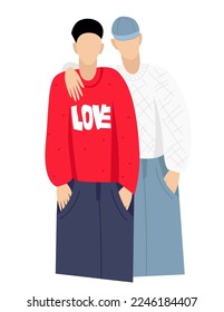 Dos hombres se abrazan. Un par de hombres de fondo blanco.