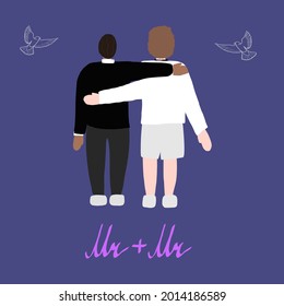 Two men are  embracing each other on their wedding day. back view. hand drawn isolated colorful vector illustration on blue background