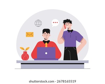 Two men employee discussing a project collaboration, work partners at the office. Character design. Vector flat illustration