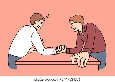 Two men engage in arm wrestling to find out who is stronger and prove own leadership in business team. Friends do comic am-wrestling, demonstrating athletic superiority to opponent