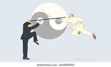 Two men engaged in Chinese kungfu martial arts training. One in mid-air, the other one standing with one leg who is attempting to block the attack. The background is Taiji symbol.