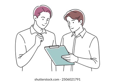 Two men engaged in discussion while reviewing notes on a clipboard, indicating collaboration and communication doodle continuous line art vector illustration
