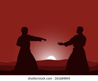 Two men are engaged in karate at sunset the sun.