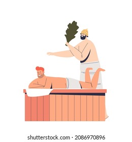Two men enjoy visiting sauna. Guy in towel make massage with birch branches broom. Banya activities and spa recreation concept. Cartoon flat vector illustration