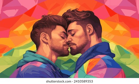 Two men express their passion for each other in an intimate kiss. On a multi-colored background. Vector image.