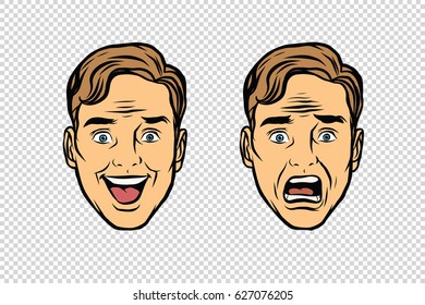 Two men face the emotions of fear and joy. Pop art retro vector illustration