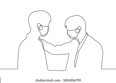 two men are facing each other, one of them put his hand on the other's shoulder, both are wearing masks. one line drawing concept of two friends, partners, family members. Comfort and support