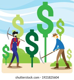 The two men farmer dig money symbol vector image for yield farming business content