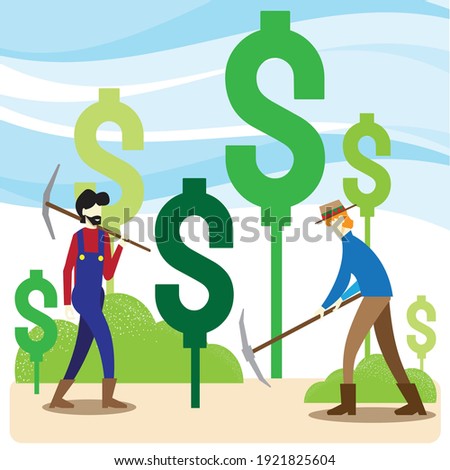 The two men farmer dig money symbol vector image for yield farming business content