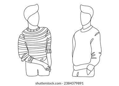 Dos hombres en sudaderas de moda. Vestival internacional de suéter. Un dibujo de línea para diferentes usos. Ilustración vectorial.