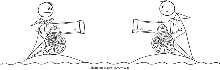 Two men with field artillery guns fighting in war from separated islands, vector cartoon stick figure or character illustration.