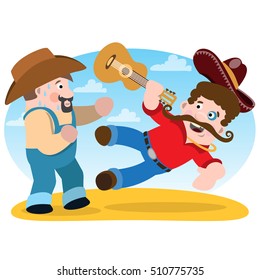 Two men fight. Men with guitar and a sombrero.