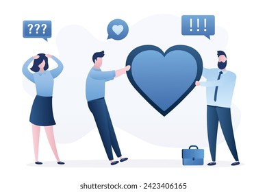 Two men fight for woman heart. Rivals in love, opponents pulling big heart in different directions. Beautiful girl not understanding about which boyfriend to choose. Troubles in love. flat vector