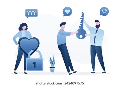 Two men fight for woman heart. Rivals in love, opponents pulling big key from heart in different directions. Beautiful girl not understanding about which boyfriend to select. Troubles in love. vector