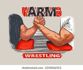 Two men fighting arm wrestling. Hand drawn vector illustration