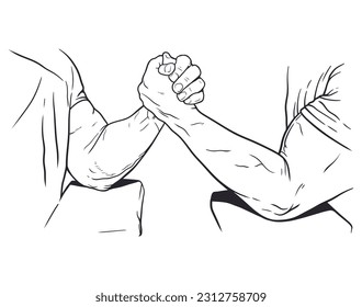 Dos hombres luchan en el brazo. Ilustración de líneas vectoriales dibujadas a mano